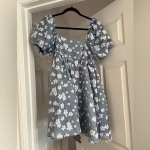 Morning Lavender Blue Floral Puff Sleeve Dress. Mini.